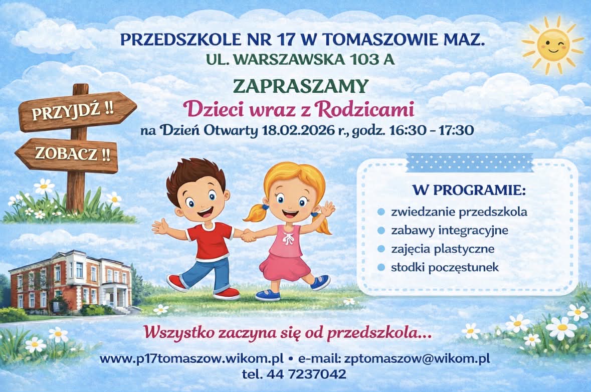 Plakat przedstawiający zaproszenie na Dzień Otwarty który odbędzie się w Przedszkolu nr 17