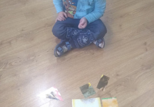 Chłopczyk układa obrazek pieska pocięty na kawałki.