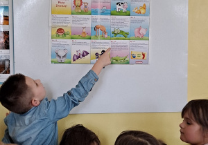 Dzieci poznają Światową Deklarację Praw Zwierząt zawieszoną na tablicy.