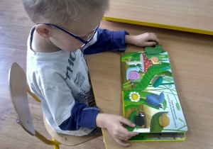 Chłopczyk wyszukuje na ilustracji ukryte ślimaki.