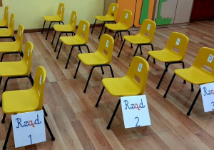 W sali ustawione są krzesełka w trzech rzędach. Do krzesełek przyczepione są napisy „Rząd 1”, „Rząd 2”, „Rząd 3”, oraz po kolei numerki od 1 do 5.