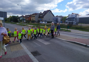 Dzieci asystowane przez panie nauczycielki i Panią Dyrektor przechodzą po pasach na drugą stronę ulicy.