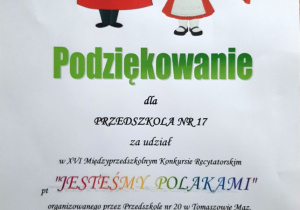 Podziękowanie za udział w XVI Międzyprzedszkolnym Konkursie Recytatorskim pt. "Jesteśmy Polakami".