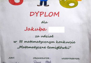 Dyplom za udział w III matematycznym konkursie "Matematyczne łamigłówki".