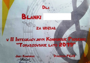 Dyplom za udział w II Integracyjnym Konkursie Piosenki "Tomaszowskie lato 2019".