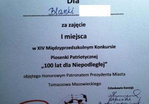 Dyplom za zajęcie I miejsca w XIV Międzyprzedszkolnym Konkursie Piosenki Patriotycznej "100 lat dla Niepodległej".