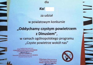 Wyróżnienie za udział w powiatowym konkursie "Oddychamy czystym powietrzem z Dinusiem".